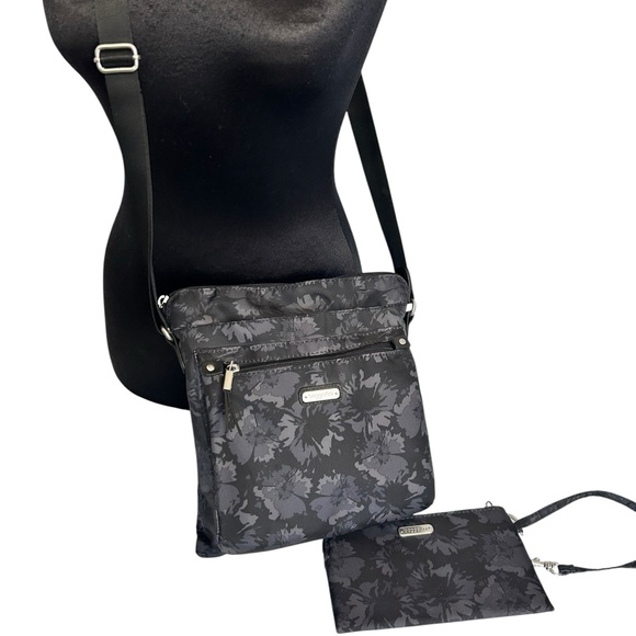 Baggallini Crossbody Bag And Wallet Pouch Set Black And Gray Floral Travel Purse - Picture 3 of 14